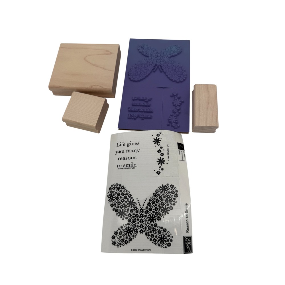 Stampin Up Reason to Smile Rubber Stamp Set 2006 Butterfly Floral Wood Mount 3pc